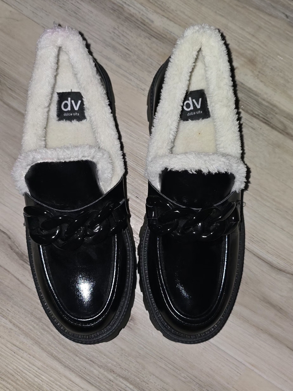 DV by Dolce Vita Black Patent Moccasins with Cream Shearling Trim